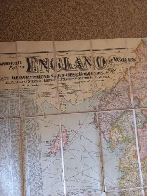 CLOTH MAP ENGLAND AND WALES GEOGRAFIC COUNTRIES AND BOROUGHS ALL RAILWAYS, STEAMSHIP LINES